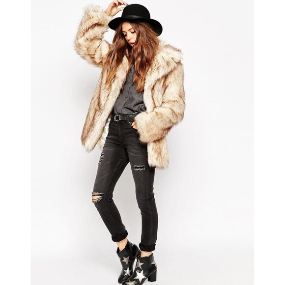 💋BOHO CLAM💋VTG 70s Vibe Lux Chunky Vegan Topped Fox Fur Coat in Beige & Black - Picture 4 of 16